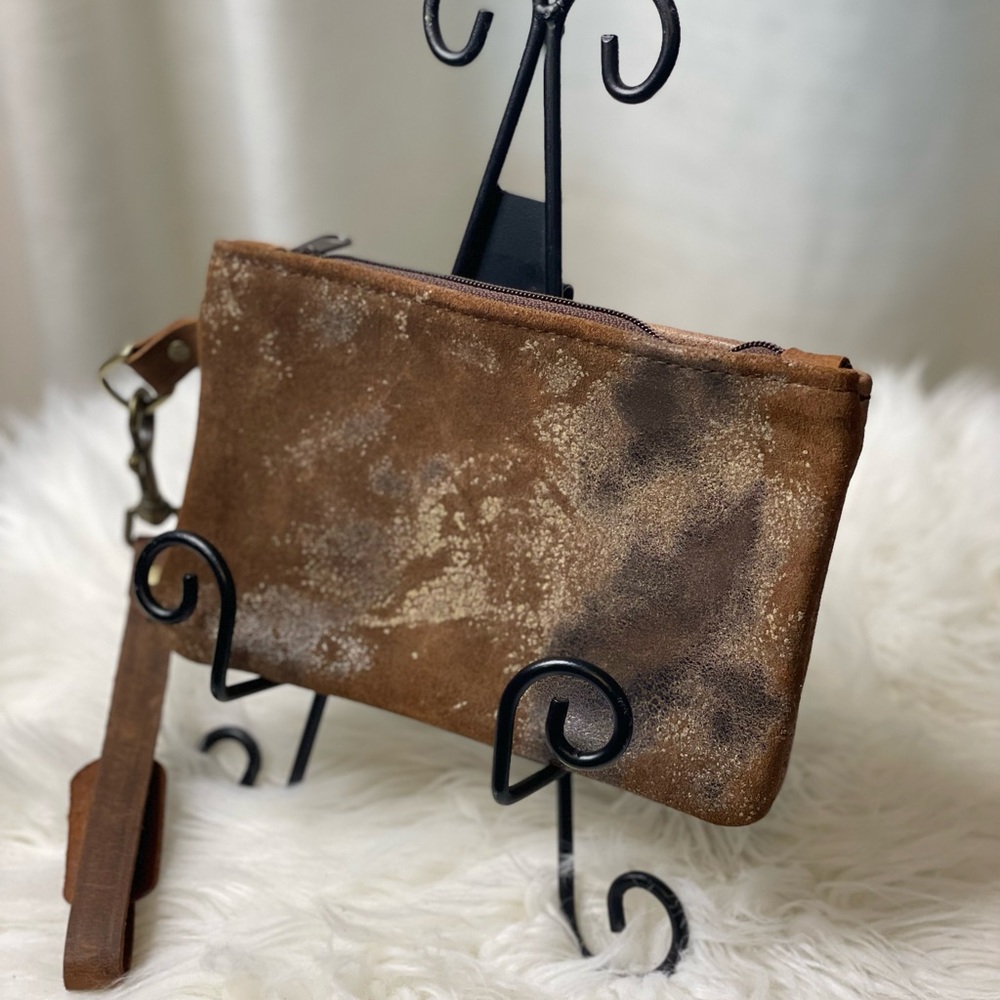 Cowhide Wristlet Clutch unique distressed front /solid brown leather back